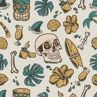 seamless pattern summer skull doodle in retro vintage style vector