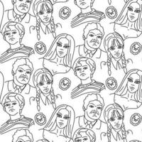 The pattern of the whole Adams family and the family badge brooches in a linear style. Monochrome contour shades. Black and white background with people on Halloween. Printing on textiles and paper vector