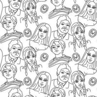 The pattern of the whole Adams family and the family badge brooches in a linear style. Monochrome contour shades. Black and white background with people on Halloween. Printing on textiles and paper vector