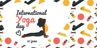 International Yoga Day. African american woman doing yoga exercises. Flat vector illustration.