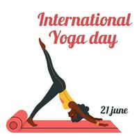 International Yoga Day. African american woman doing yoga exercises. Flat vector illustration