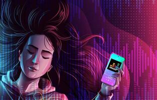 Girl Listening to Music Streaming While Sleeping Background vector