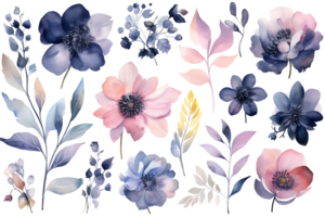 skön uppsättning vattenfärg blomma och löv element samling. ai genererad png