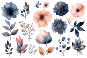 Beautiful set Watercolor flower and leaves element collection. AI Generated png