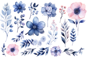 lindo conjunto aguarela flor e folhas elemento coleção. ai gerado png