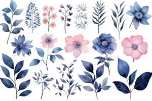 Beautiful set Watercolor flower and leaves element collection. Generate AI png