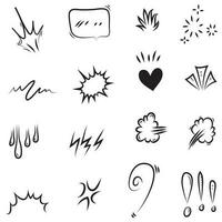 Vector set of hand-drawn cartoony expression sign doodle, curve directional arrows, emoticon effects design elements, cartoon character emotion symbols, cute decorative brush stroke lines.