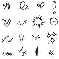 Vector set of hand-drawn cartoony expression sign doodle, curve directional arrows, emoticon effects design elements, cartoon character emotion symbols, cute decorative brush stroke lines.