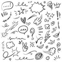 Conjunto de vectores de doodle de signo de expresión de dibujos animados dibujados a mano, flechas direccionales de curva, elementos de diseño de efectos de emoticonos, símbolos de emoción de personaje de dibujos animados, lindas líneas de trazo de pincel decorativo.