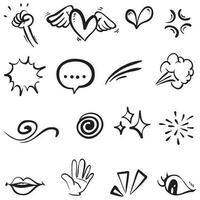 Vector set of hand-drawn cartoony expression sign doodle, curve directional arrows, emoticon effects design elements, cartoon character emotion symbols, cute decorative brush stroke lines.