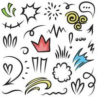 Vector set of hand-drawn cartoony expression sign doodle, curve directional arrows, emoticon effects design elements, cartoon character emotion symbols, cute decorative brush stroke lines.