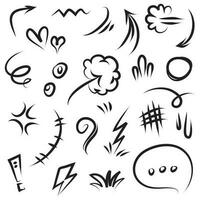 Conjunto de vectores de doodle de signo de expresión de dibujos animados dibujados a mano, flechas direccionales de curva, elementos de diseño de efectos de emoticonos, símbolos de emoción de personaje de dibujos animados, lindas líneas de trazo de pincel decorativo.