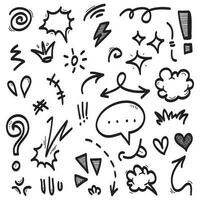 Conjunto de vectores de doodle de signo de expresión de dibujos animados dibujados a mano, flechas direccionales de curva, elementos de diseño de efectos de emoticonos, símbolos de emoción de personaje de dibujos animados, lindas líneas de trazo de pincel decorativo.