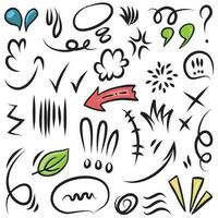 Conjunto de vectores de doodle de signo de expresión de dibujos animados dibujados a mano, flechas direccionales de curva, elementos de diseño de efectos de emoticonos, símbolos de emoción de personaje de dibujos animados, lindas líneas de trazo de pincel decorativo.