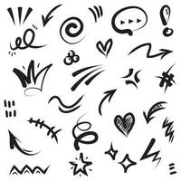 Conjunto de vectores de doodle de signo de expresión de dibujos animados dibujados a mano, flechas direccionales de curva, elementos de diseño de efectos de emoticonos, símbolos de emoción de personaje de dibujos animados, lindas líneas de trazo de pincel decorativo.