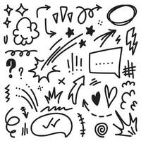 Conjunto de vectores de doodle de signo de expresión de dibujos animados dibujados a mano, flechas direccionales de curva, elementos de diseño de efectos de emoticonos, símbolos de emoción de personaje de dibujos animados, lindas líneas de trazo de pincel decorativo.