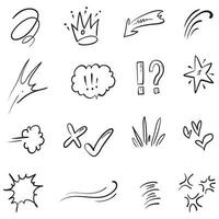 Vector set of hand-drawn cartoony expression sign doodle, curve directional arrows, emoticon effects design elements, cartoon character emotion symbols, cute decorative brush stroke lines.