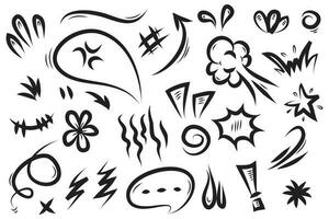 Conjunto de vectores de doodle de signo de expresión de dibujos animados dibujados a mano, flechas direccionales de curva, elementos de diseño de efectos de emoticonos, símbolos de emoción de personaje de dibujos animados, lindas líneas de trazo de pincel decorativo.