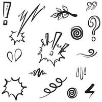 Vector set of hand-drawn cartoony expression sign doodle, curve directional arrows, emoticon effects design elements, cartoon character emotion symbols, cute decorative brush stroke lines.