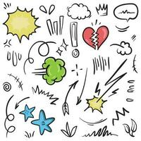 Vector set of hand-drawn cartoony expression sign doodle, curve directional arrows, emoticon effects design elements, cartoon character emotion symbols, cute decorative brush stroke lines.