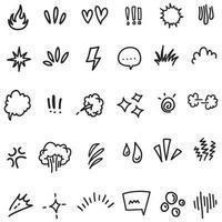 Vector set of hand-drawn cartoony expression sign doodle, curve directional arrows, emoticon effects design elements, cartoon character emotion symbols, cute decorative brush stroke lines.