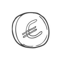 Hand drawn cartoon style illustration of a coin with the euro symbol isolated on white background vector