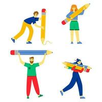 Various students standing with big pencils. Young teenagers holding giant pencils. Concept of education, copywriting, creativity, content manager, blogging, drawing. Cute funny isolated characters vector