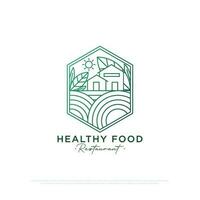 Organic Food Restaurant logo design with line art style , a restaurant with a rural concept that provides traditional organic food and drinks  line art vector illustration