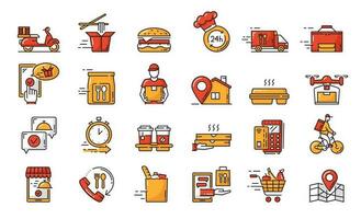 Fast food order and delivery service line icons vector