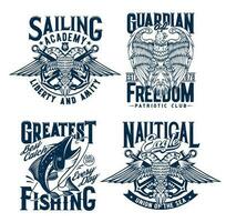Tshirt prints with tuna fish, eagle and anchor set vector