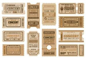 Music concert retro tickets, admits templates set vector
