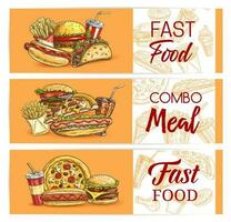 Fast food drinks, meals banners, takeaway fastfood vector