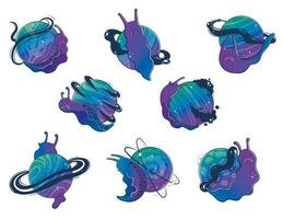 Clipart collection with Mystical slug snails with a space planet instead of a shell-house vector