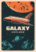 Space shuttle in galaxy flight, cosmos exploration vector