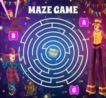 Round circus labyrinth maze game with clowns. vector