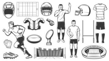 Rugby sport, football American game players items vector