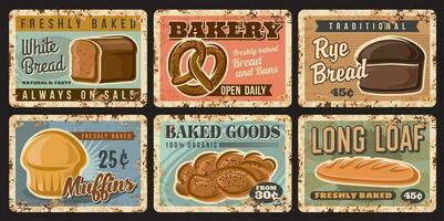 Bread metal rusty plates, bakery loafs and pastry vector