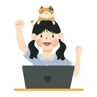 emocionado contento mujer trabajador con gato vector