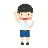 Cute boy student excited hold fist hand up gesture vector