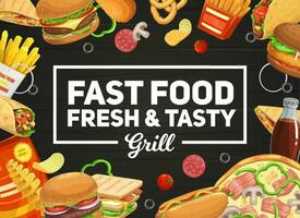 Fast food burger and hot dog, pizza and soda drink vector