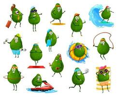 Avocado cartoon characters, sports and recreation vector