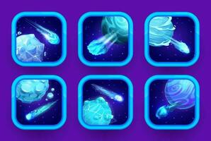 Game app icons with space blue planets, asteroids vector