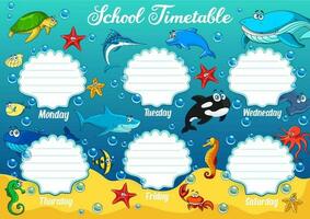 School timetable with underwater cartoon animals vector