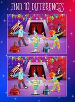 Find differences kids game, circus clowns on stage vector