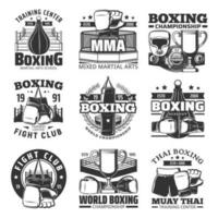 Boxing muay thai single combats vector icons set