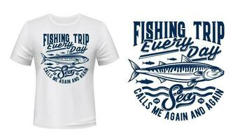 Fishing sport t-shirt print with mackerels shoal vector