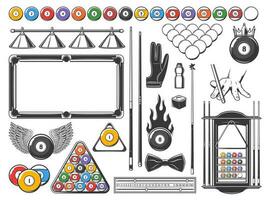 Billiards game equipment and accessories icons set vector