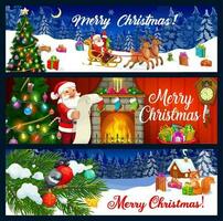 Santa, Christmas gifts sledge, Xmas tree banners vector