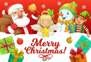 Papa Noel, muñeco de nieve, duende y ángel con Navidad regalos vector
