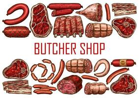 Butchery shop sketch poster with pork, beef meat vector